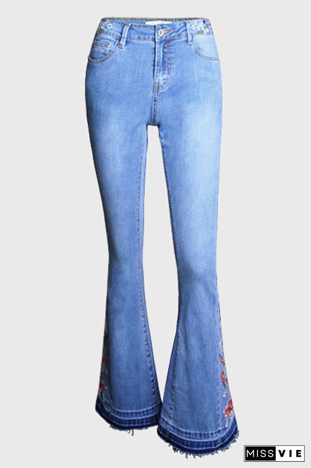 Bleach Embroidered Side Bell Bottom Flared Jeans Wholesale Boutique