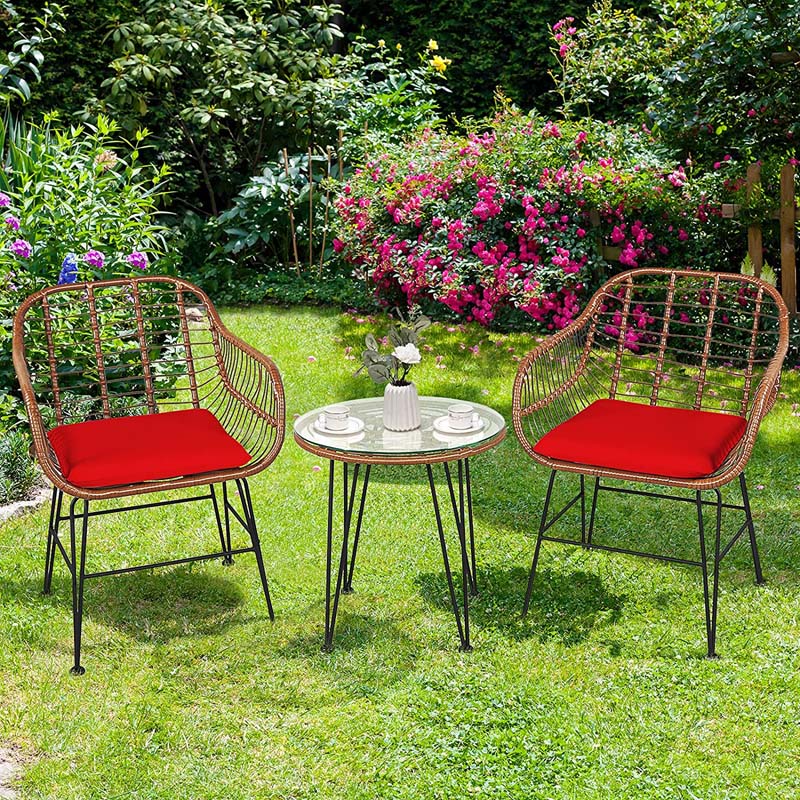 3 Pcs Patio Conversation Bistro Set Outdoor Rattan Furniture Set with Round Table & 2 Rattan Cushioned Armchairs