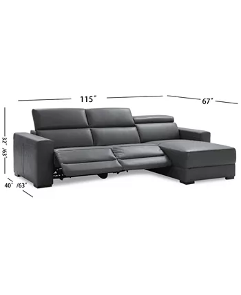 Furniture Nevio 115 3-pc Leather Sectional Sofa with Chaise 2 Power Recliners and Articulating Headrests