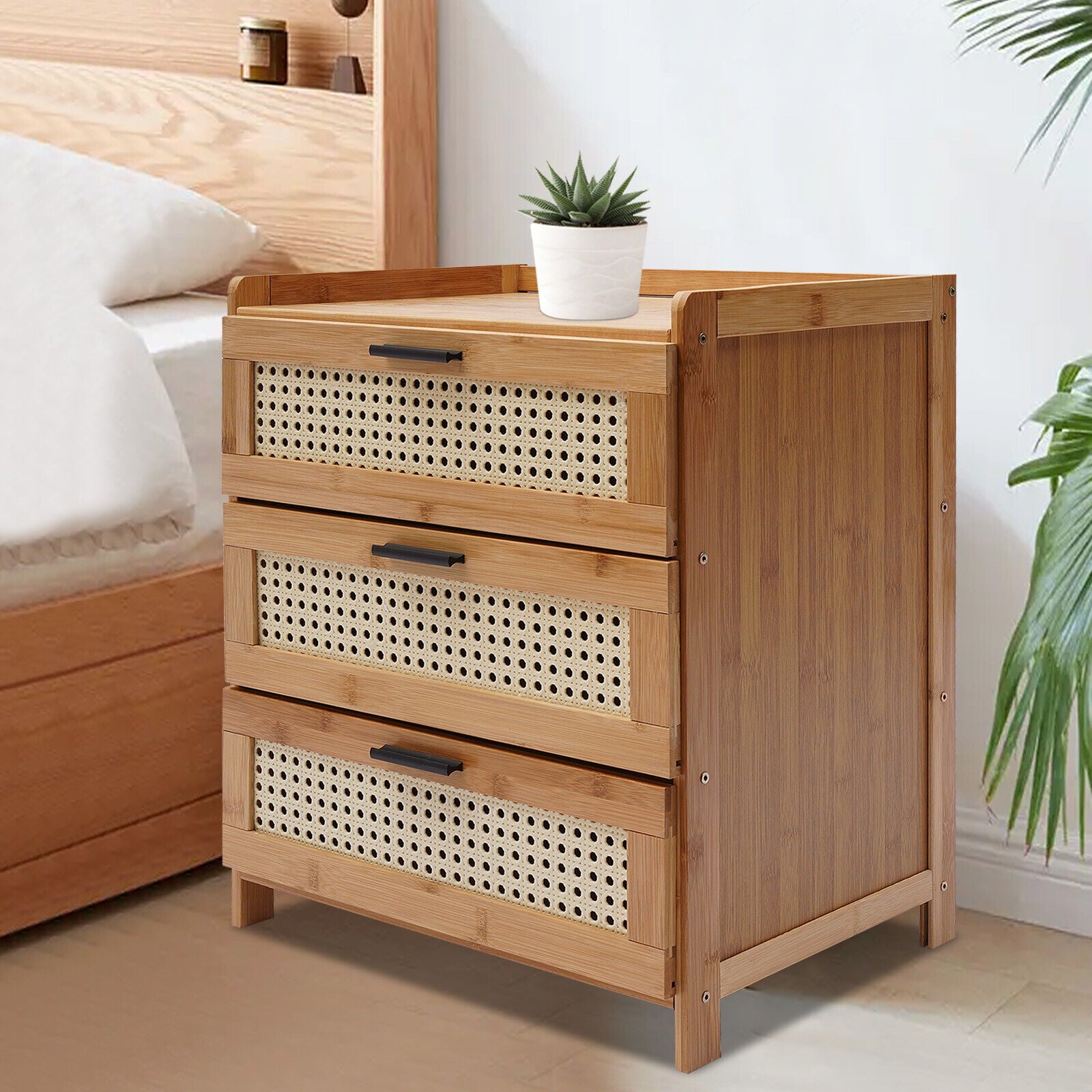 OUKANING 3 Drawers Modern Bedroom Bedside Nightstand End Table Storage Bamboo Wood Organizer Storage Shelf Stand