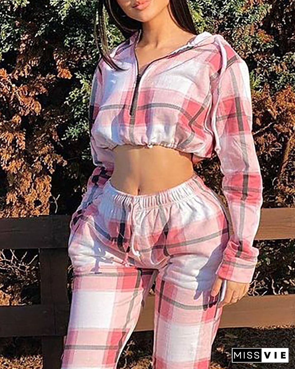 Plaid Print Hooded Crop Top & High Waist Pants Set