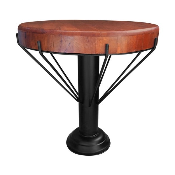 26 Inch Handcrafted Round Side End Table， Thick Mango Wood Top， Black Iron Pedestal Base