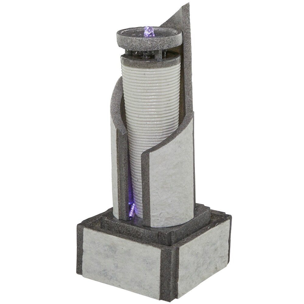 Light Gray Fiberglass 2 Tier Geometric Fountain with LED Light