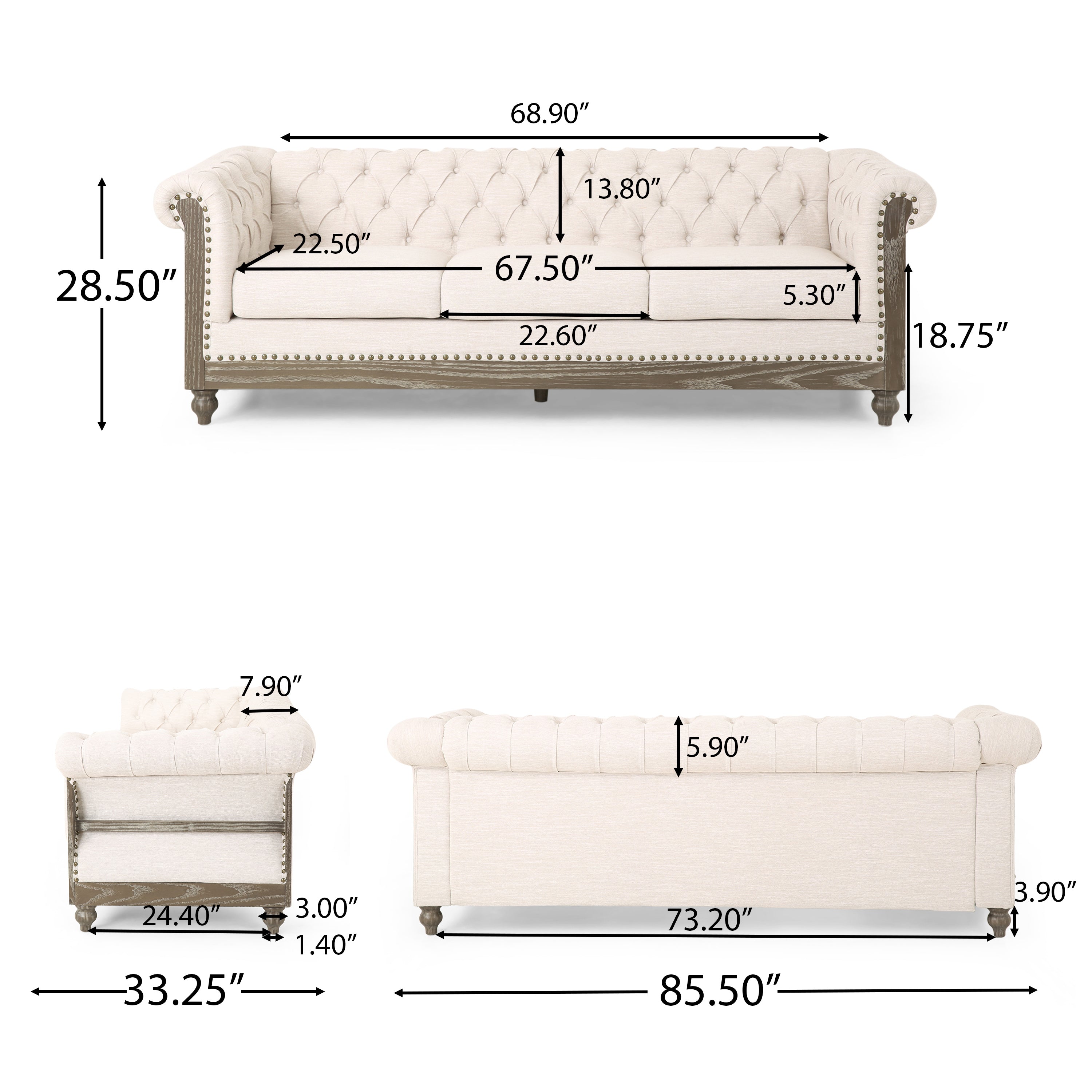 Bowes Chesterfield Tufted 3 Seater Sofa with Nailhead Trim