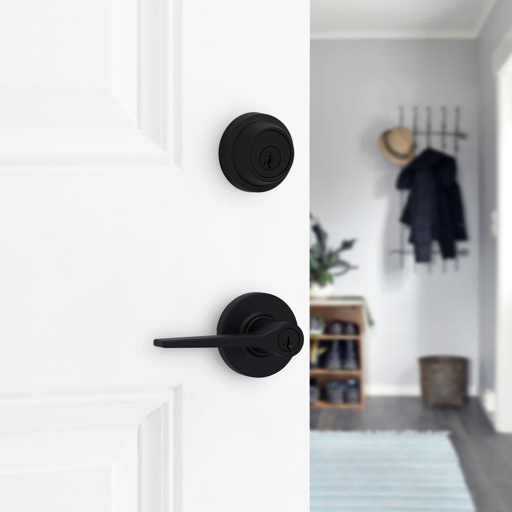 Kwikset Hollis Round Rose Matte Black Lever with Single Cylinder Deadbolt Combo Pack Featuring SmartKey Security 690HSL 514 SMT