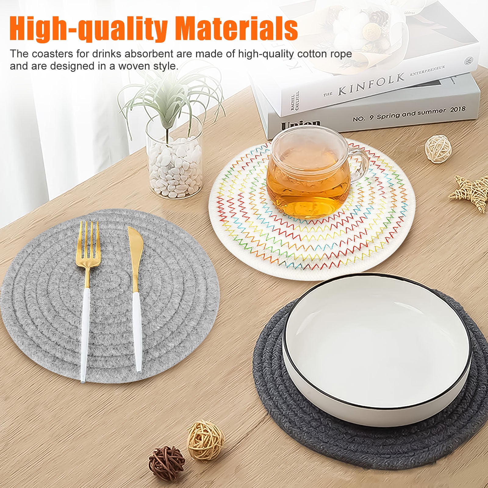 3pcs Potholders Trivets Set， EEEkit 7inch Pure Cotton Thread Weave Hot Pot Holders Mats for Kitchen， Round Kitchen Cooking and Baking Hot Pads， Spoon Rest Coasters for Hot Pots and Pans