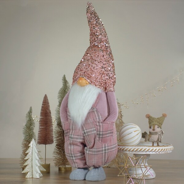 Tall Christmas Gnome Figure with Plaid Overalls Sequin Hat