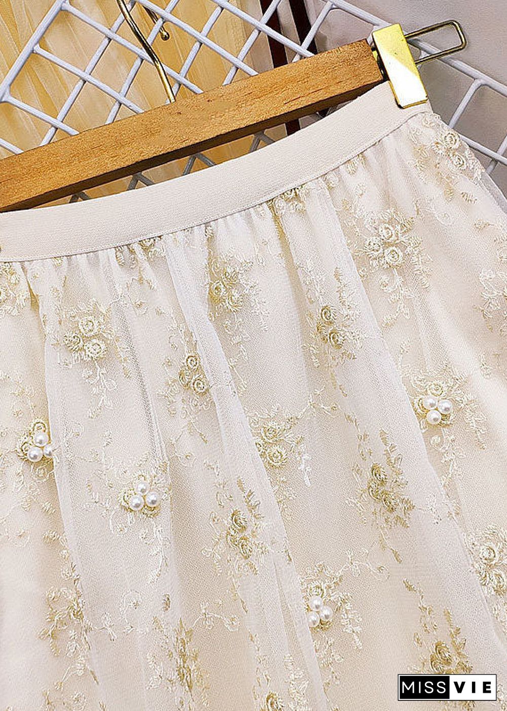 Bohemian Apricot Elastic Waist Embroideried Nail Bead Tulle Skirts Summer