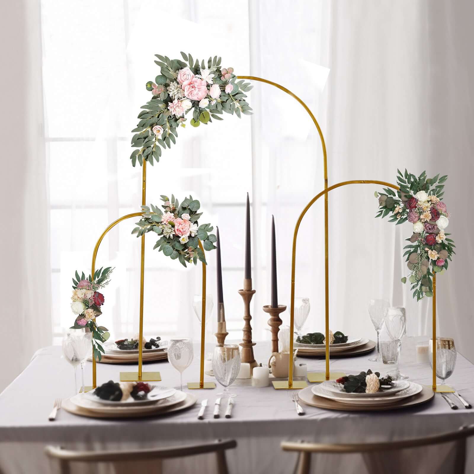 Set of 3 Gold Metal Wedding Cake Chiara Arch Table Centerpieces with Rounded Top, Flower Stand Frame with Detachable Base - 20