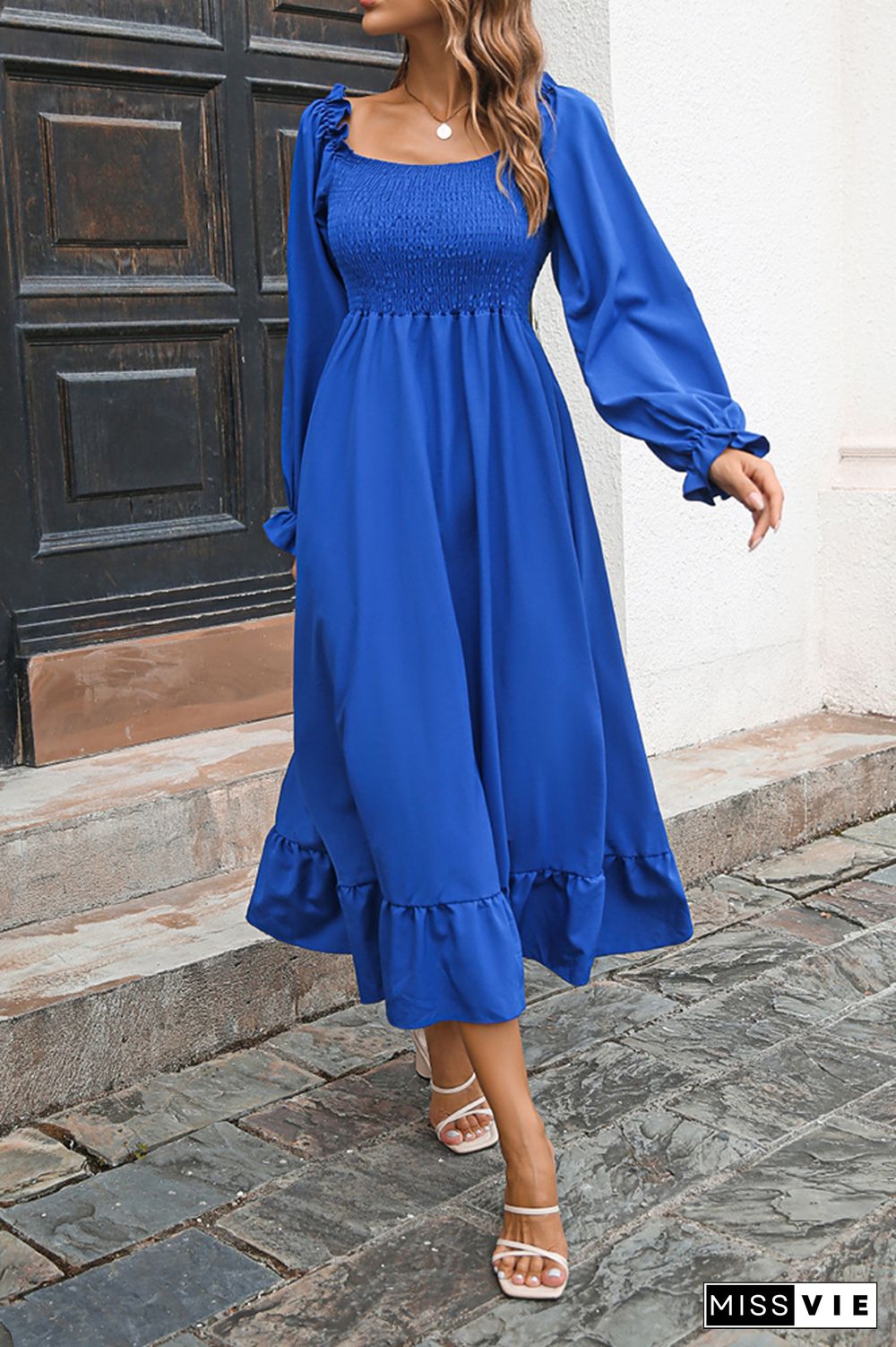 Smocked Square Neck Ruffles Maxi Dress