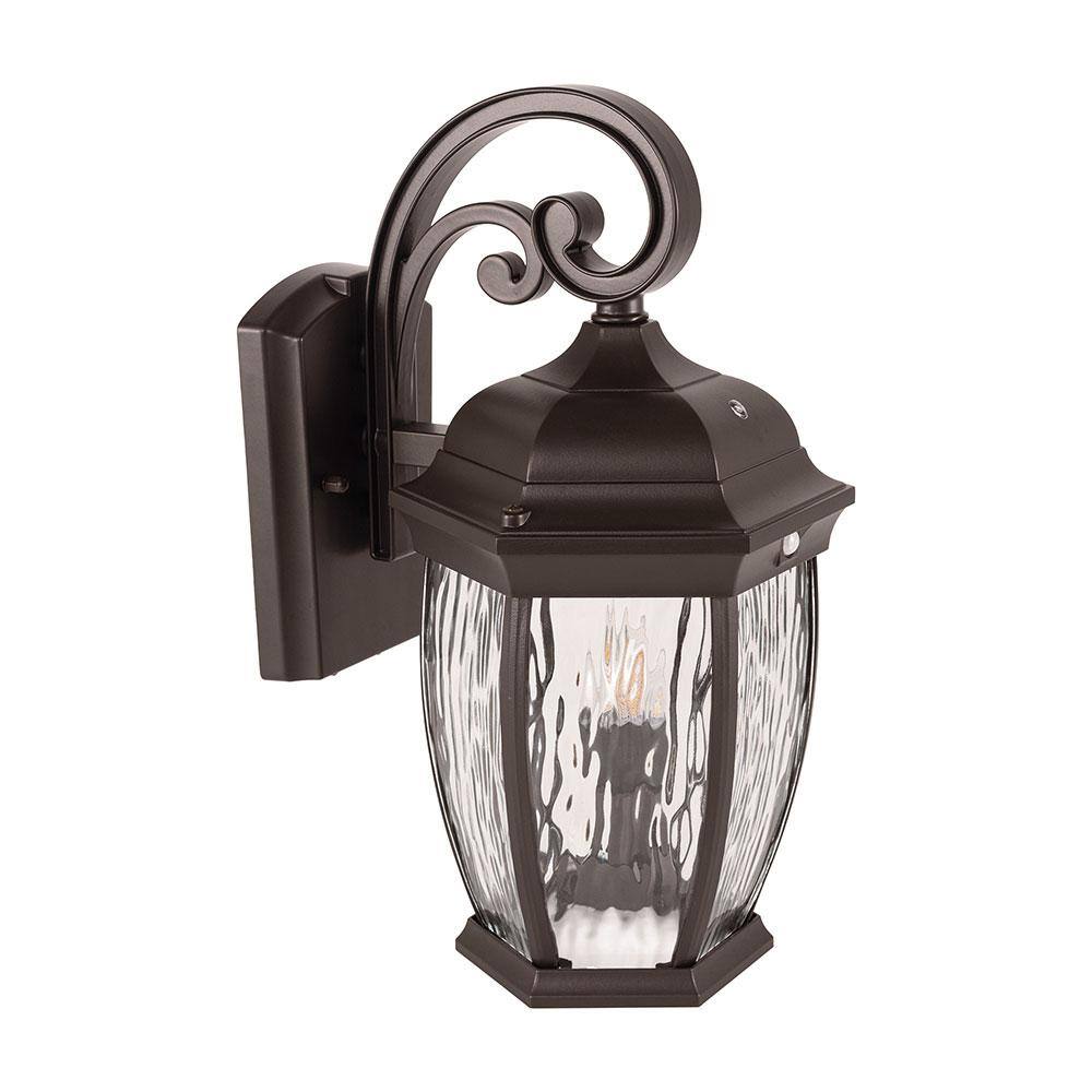 Home Decorators Collection Bronze Integrated LED Outdoor Wall Lantern Sconce with Flickering BulbClear Glass with Motion Sensor and Photocell FL-380HD
