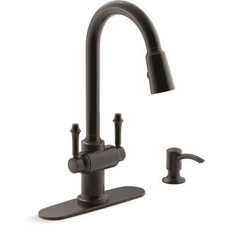 KOHLER Thierry Two Handle Pull-Down Sprayer Kitchen Faucet with Soap Dispenser in Oil-Rubbed Bronze K-R22969-SD-2BZ