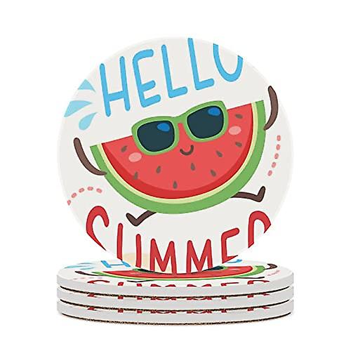 Colourlife Round Drink Coasters 6 Pcs Funny Fruits Hello Summer Watermelon Absorbent Ceramic Coffee Coasters For Drinks With Cork Base Housewarming Gi