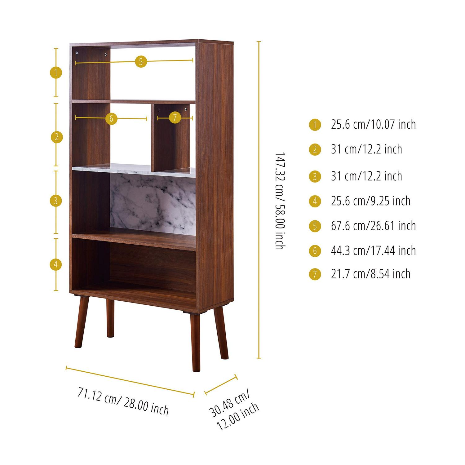 Versanora Kingston Wooden Bookcase with Faux-Marble Accents， Marble/Walnut