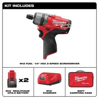 MW M12 FUEL 12V Lithium-Ion Brushless Cordless 14 in. Hex 2-Speed Screwdriver Kit W(2) 2.0h Batteries  Bag 2402-22