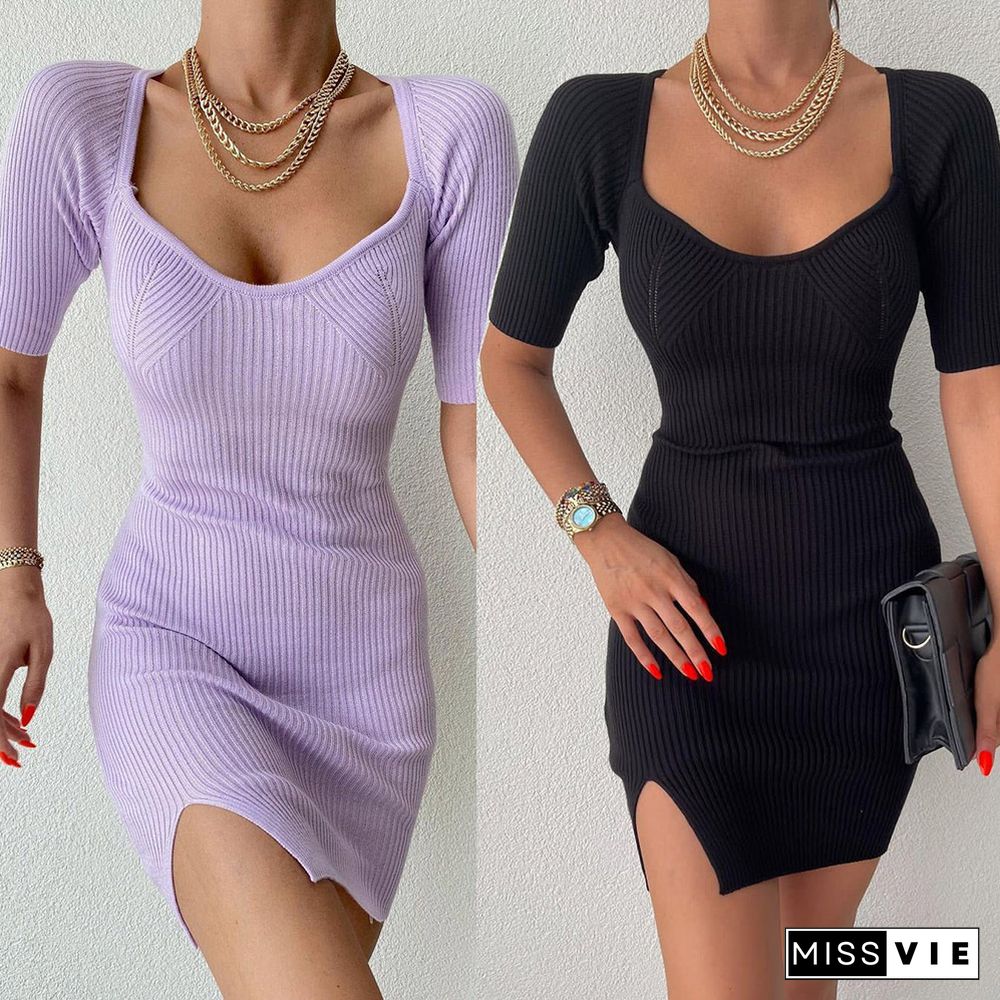 A-Line Bodycon Short Sexy Dress Summer Sexy Slim Short Sleeve V Crew Neck Knitted Sweater Mini Dress For Women Vestidos