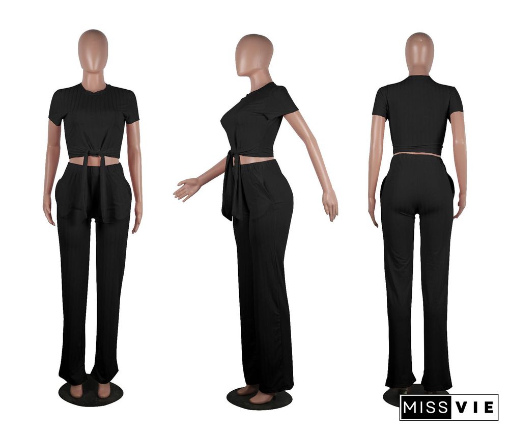 Casual Short Sleeve Leak Navel Tops+Long Pants Set