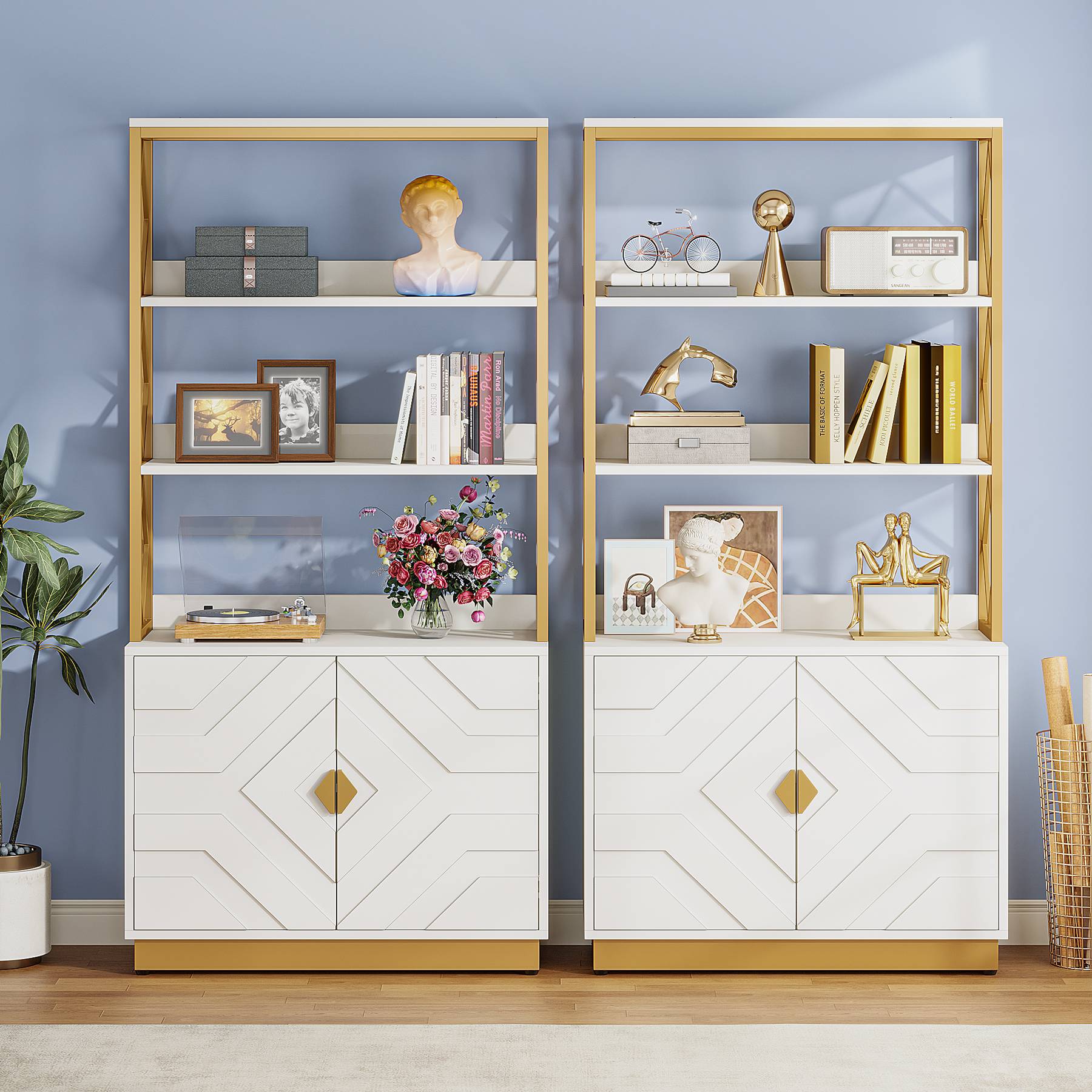 Bookshelf with Doors, 70.9 Modern Etagere Bookcase with 3 Shelves