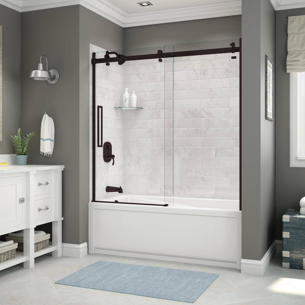 MAAX Utile 32 in. x 60 in. x 81 in. Bath and Shower Combo in Marble Carrara with New Town Left Drain Halo Door Dark Bronze 106911-307-508-102