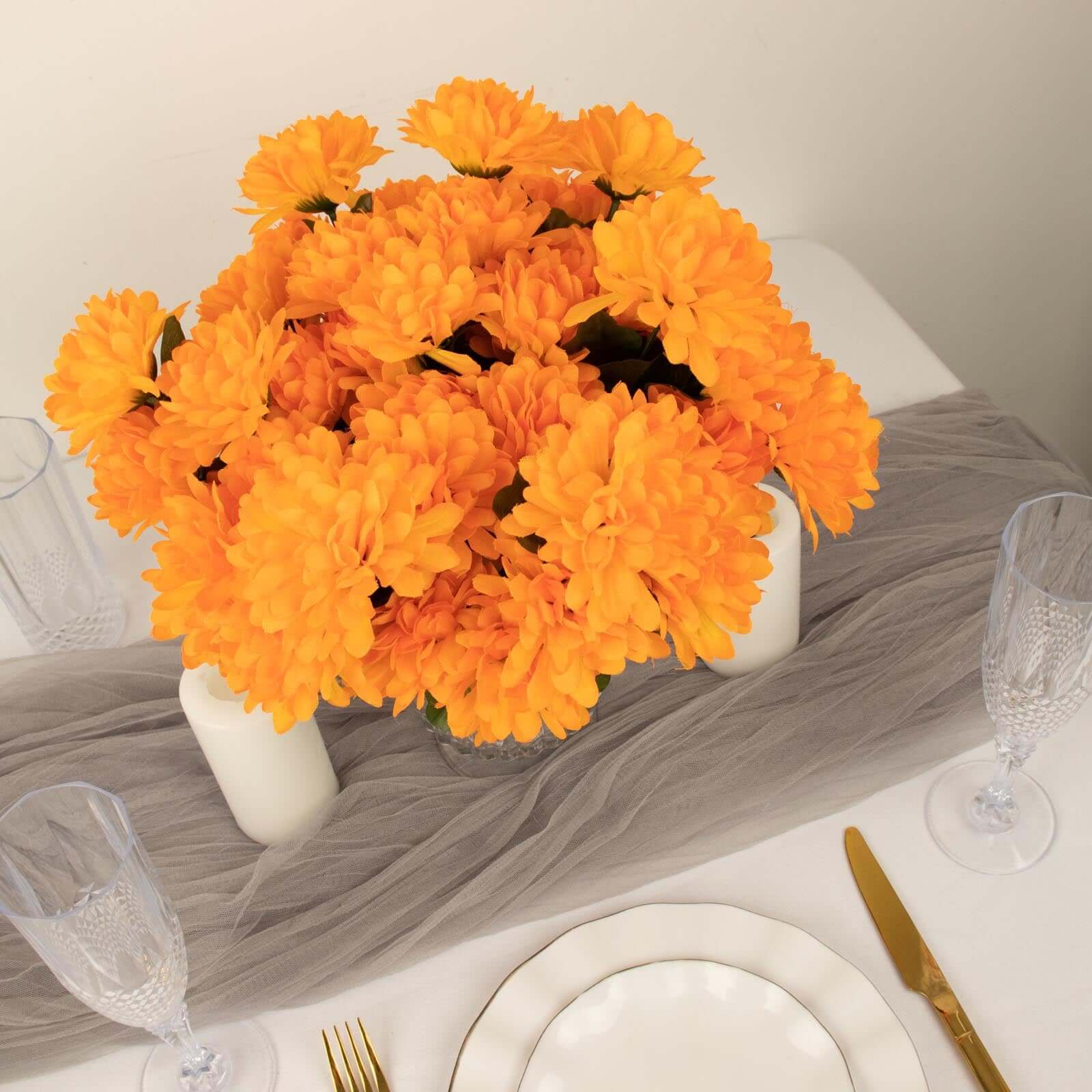 12 Bushes Orange Artificial Silk Chrysanthemum Flower Bouquets