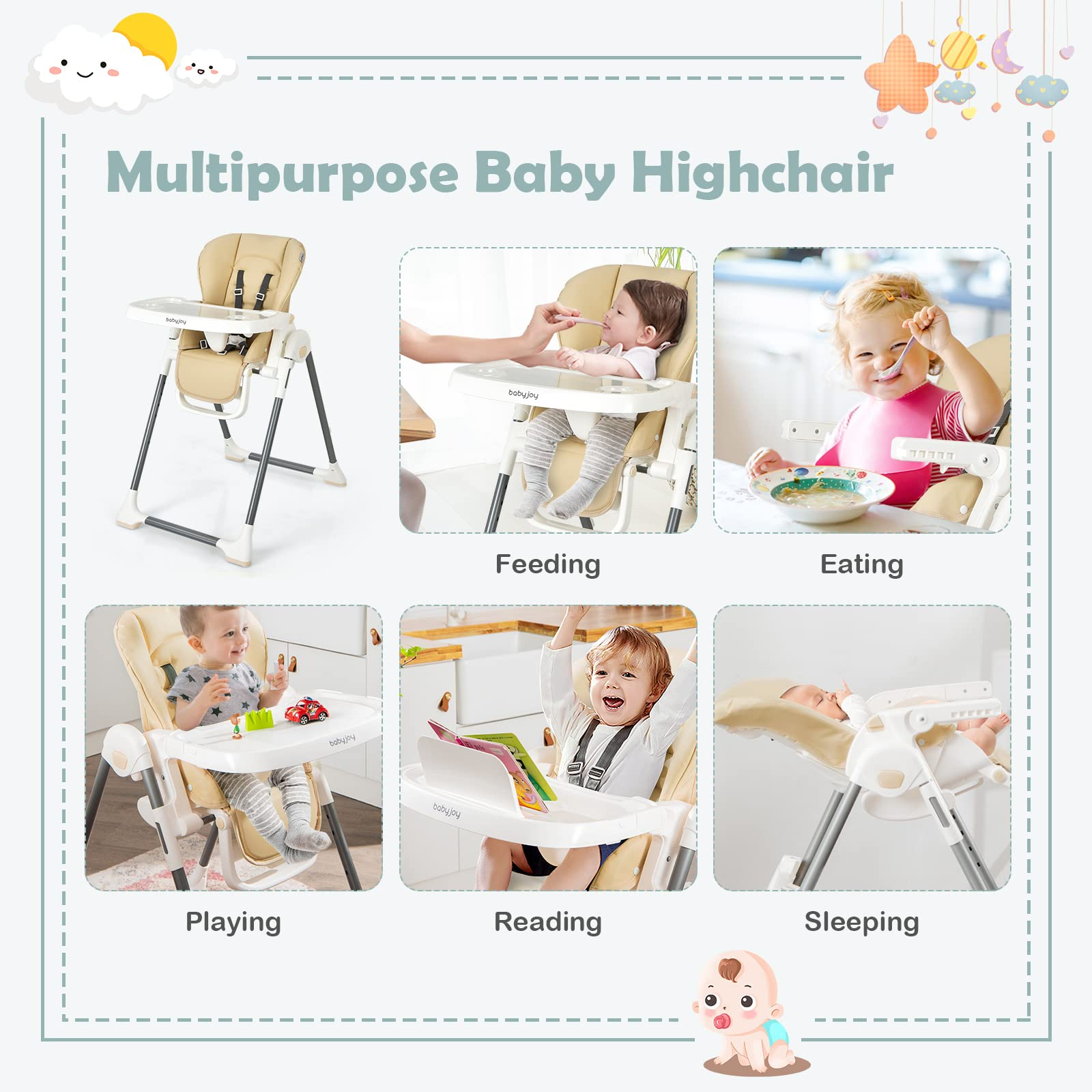 High Chair for Babies & Toddlers, Foldable High Chair w/ Adjustable Height/Backrest/Footrest