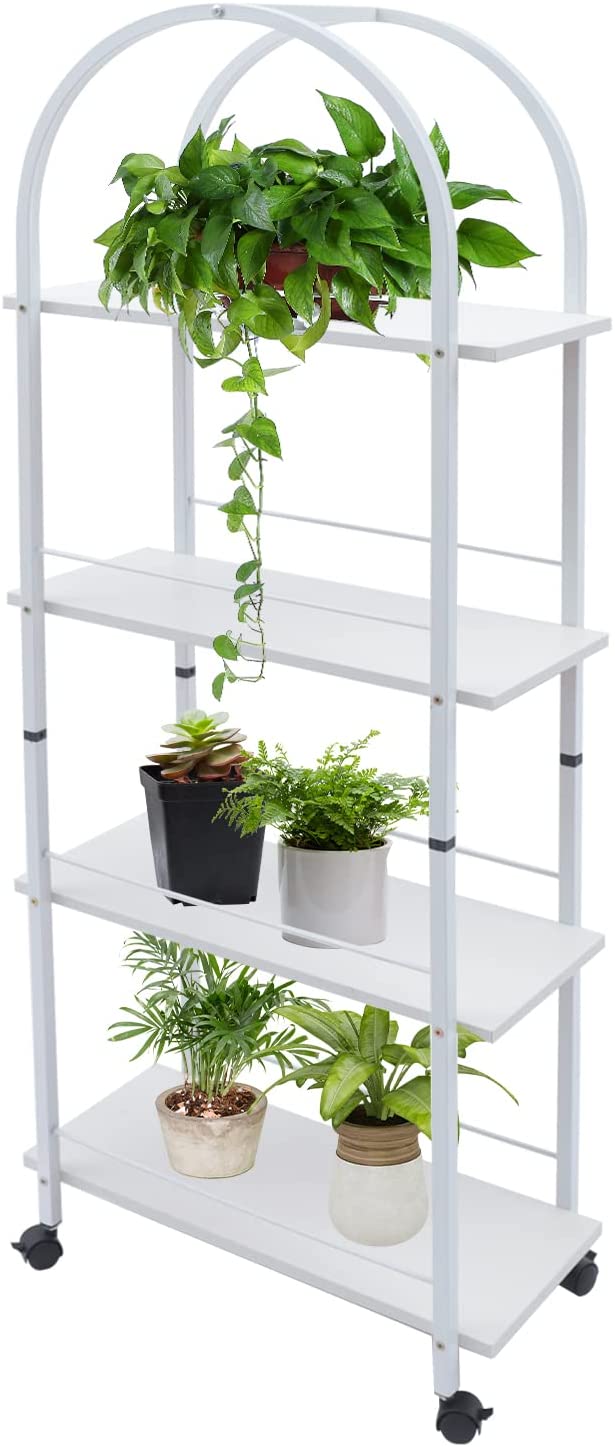 FETCOI 4 Tier Flower Pot Plants Stand Display Wooden Shelves Rack Indoor Outdoor Decor (White)