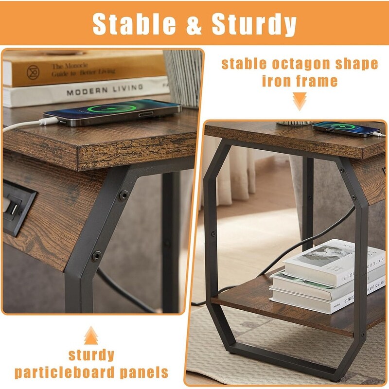 Nightstand with Charging Station Set of 2 Side Table with USB Ports