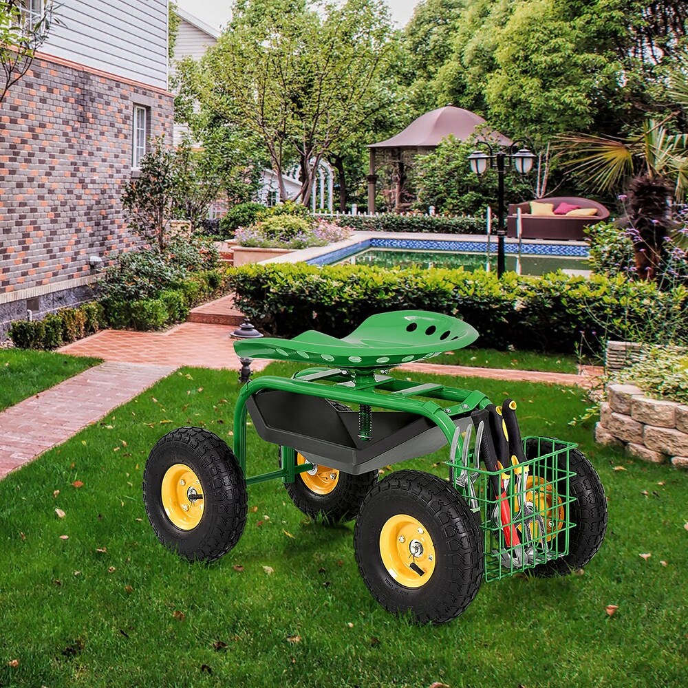 Garden Cart with Rolling Seat   Tool Tray for Lawn Care Gardening