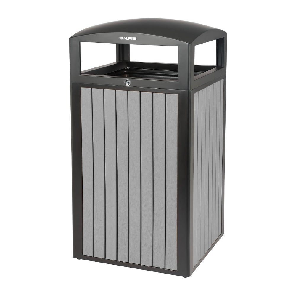 Alpine ALP471-40-WD-GRY 40-Gallon Outdoor Trash Can with Slatted， Recycled Plastic Panels， Gray