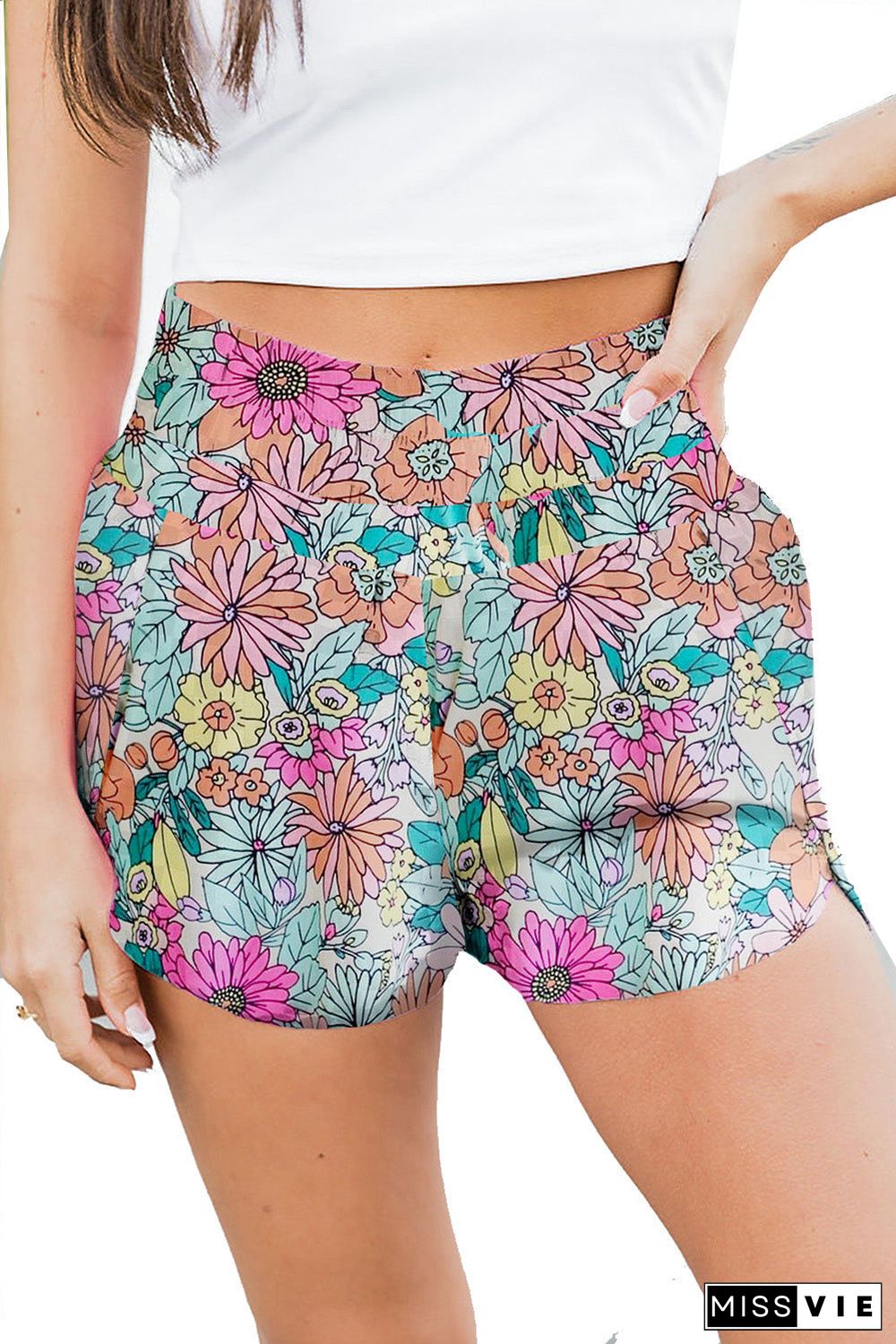 Print High Waisted Athletic Shorts