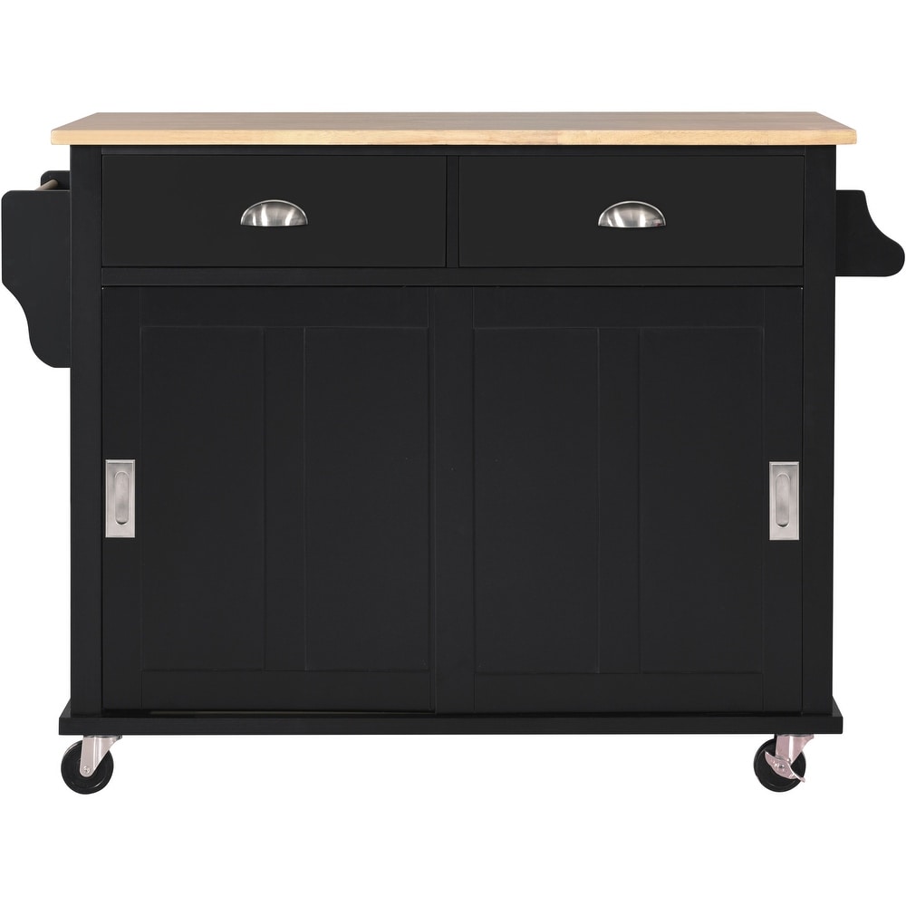 Kitchen Cart with Rubber wood Drop Leaf Countertop  Concealed Sliding Barn Door  Storage Cabinet   2 Drawers for Dinning Room