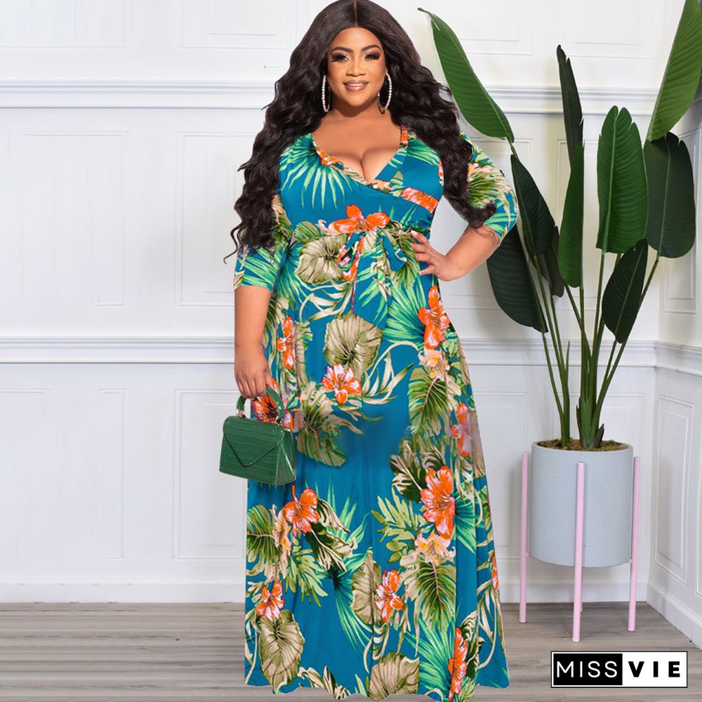 V Neck High Waist Vintage Plus Size Maxi Dress