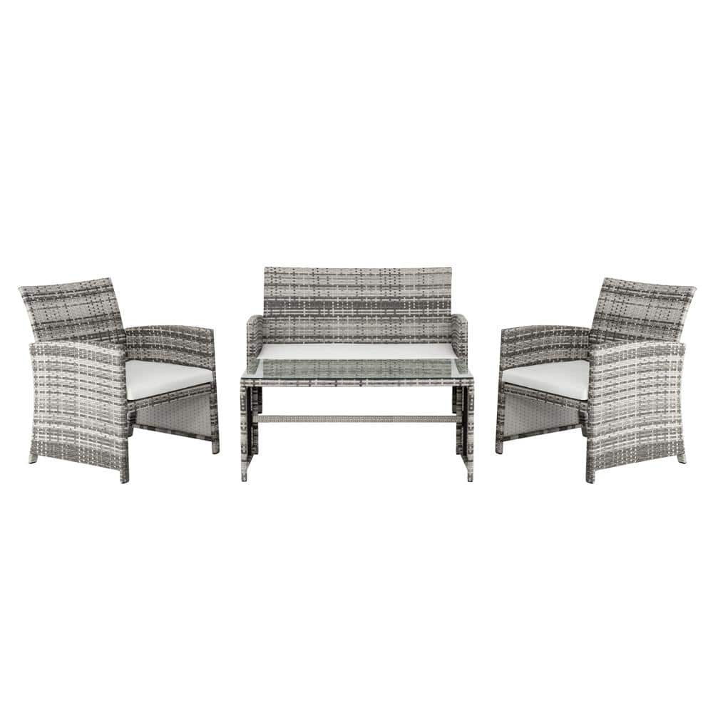 Winado Coastal Grey 4-Piece Wicker Patio Conversation Set with White Cushions 998292624038