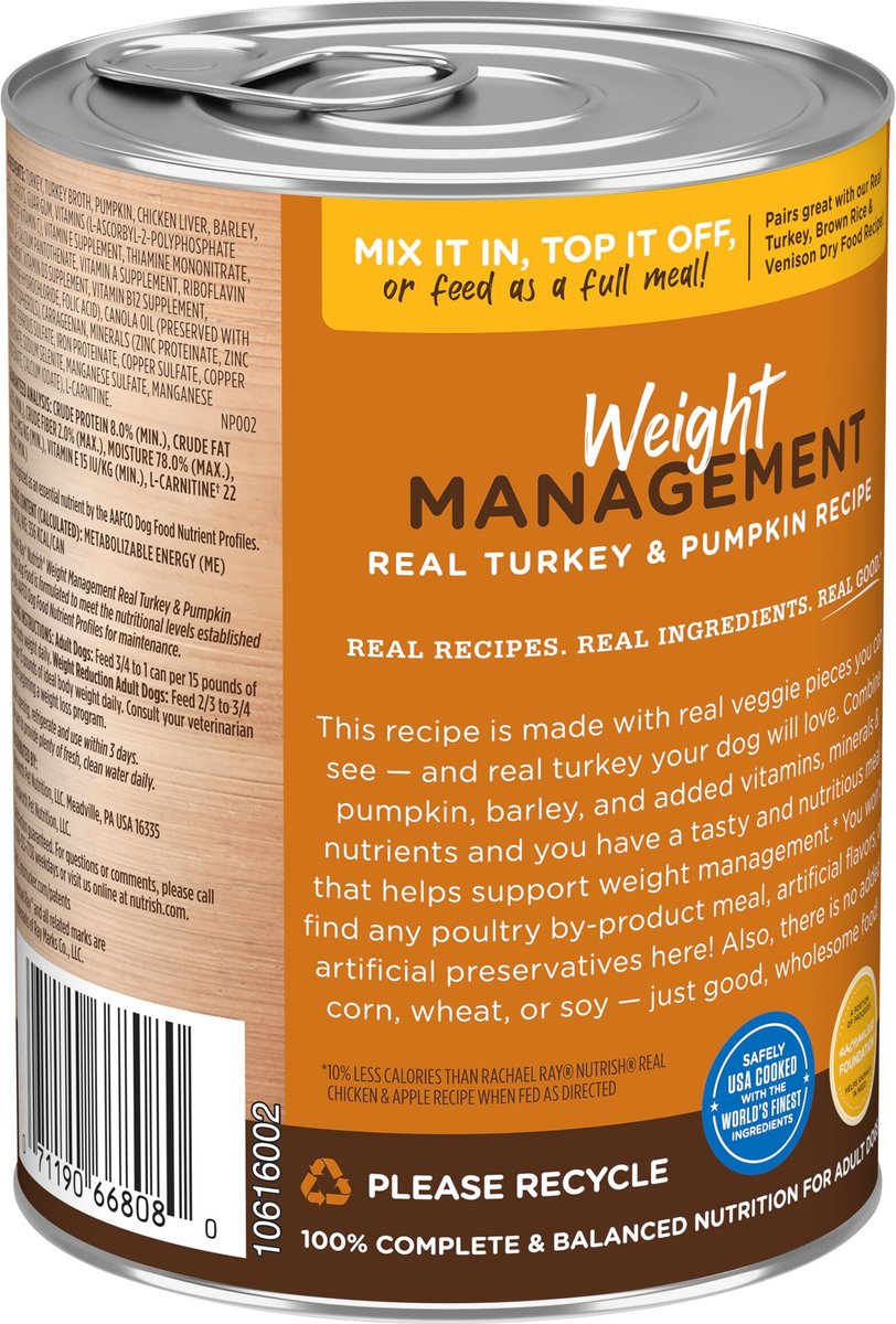 Rachael Ray Nutrish Weight Management Real Turkey and Pumpkin Wet Dog Food， 13-oz can， case of 12