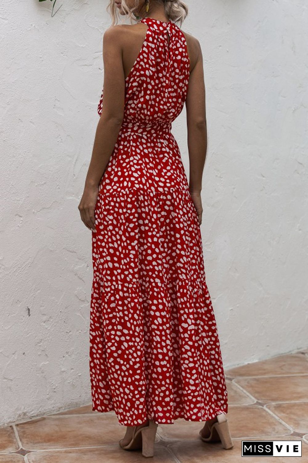 Halter Polka Dot Print Tie Waist Maxi Dress Wholesale