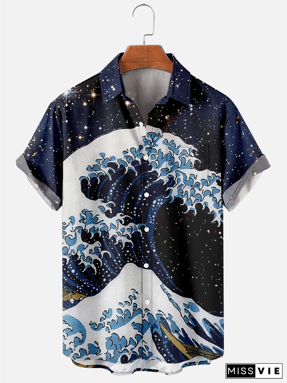 Mens Japanese Ukiyoe Wave Print Casual Breathable Chest Pocket Short Sleeve Hawaiian Shirts