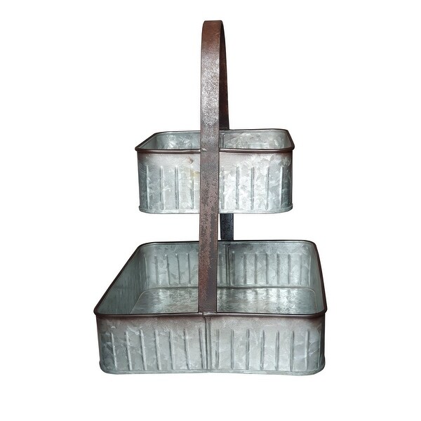 2 Tier Square Galvanized Metal Corrugated Tray with Arched Handle， Gray - 19 H x 13 W x 13 L Inches