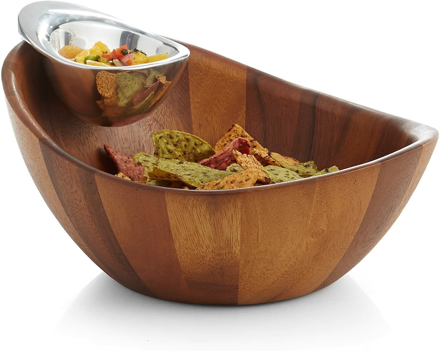 Nambe Harmony Chip and Dip Serving Bowl， Acacia Wood and Alloy Metal， 12