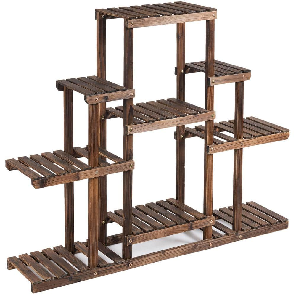 Costway 6-Tier Carbon Baking Wood Outdoor Plant Stand Plant Display Rack Multifunctional Storage Shelf GT3437