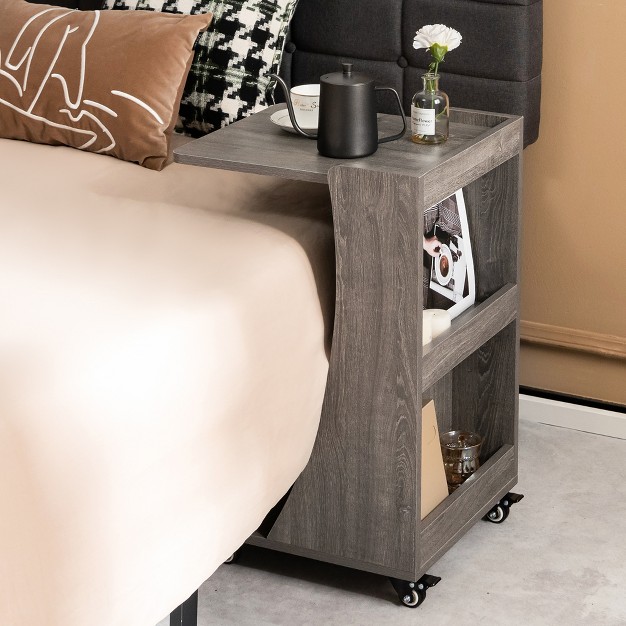 Costway Side Table With Rolling Casters Mobile C shaped End Table With 2 tier Open Storage Shelf amp 2 Back Storage Compartments Brown grey