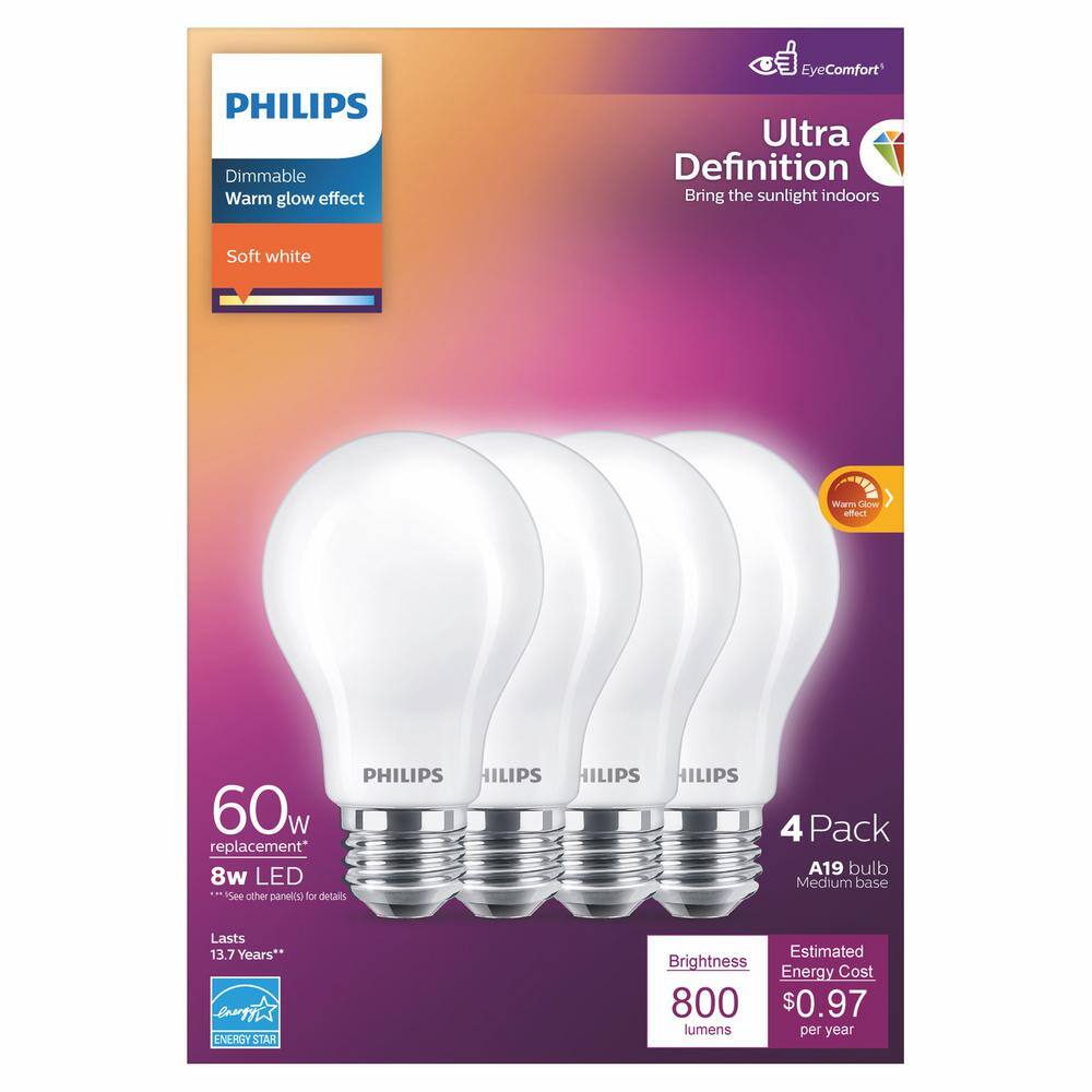 Philips 60-Watt Equivalent A19 Ultra Definition Dimmable E26 LED Light Bulb Soft White with Warm Glow 2700K (4-Pack) 576116