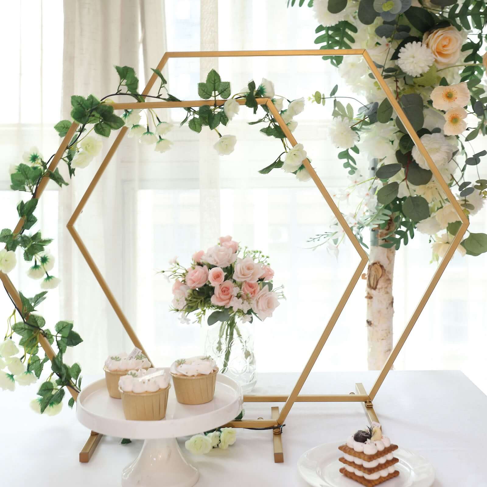 Gold Metal Hexagon Table Wedding Arch Centerpiece Stand, Geometric Self Standing Flower Balloon Frame 24