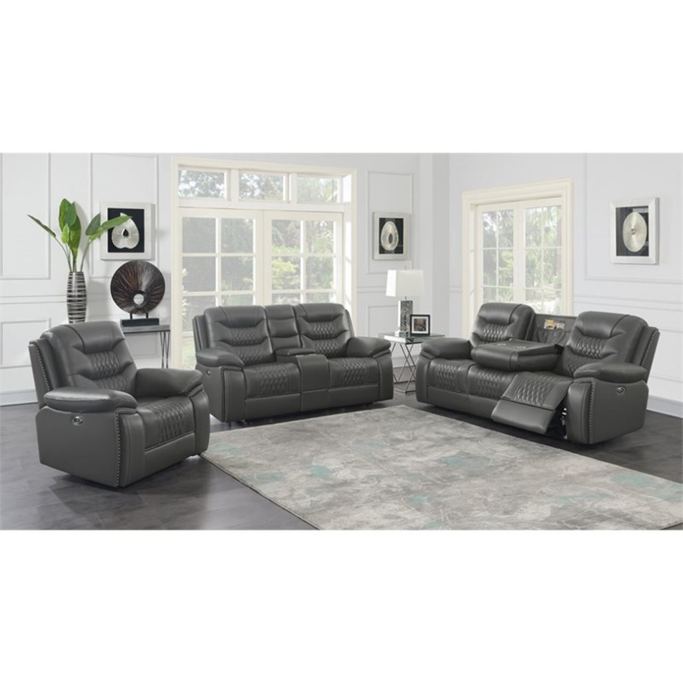 Coaster 3 Piece Tufted Upholstered Faux Leather Power Sofa Set in Charcoal   Contemporary   Living Room Furniture Sets   by Homesquare  Houzz