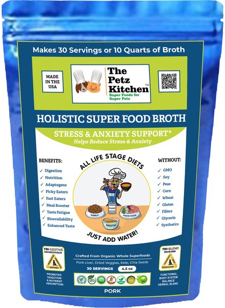 The Petz Kitchen Holistic Super Food Broth Anxiety Support Pork Flavor Concentrate Powder Dog and Cat Supplement， 4.5-oz bag