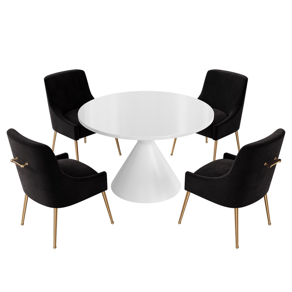 Clihome 5 Piece High Gloss White Table with Velvet Chair Dining Set