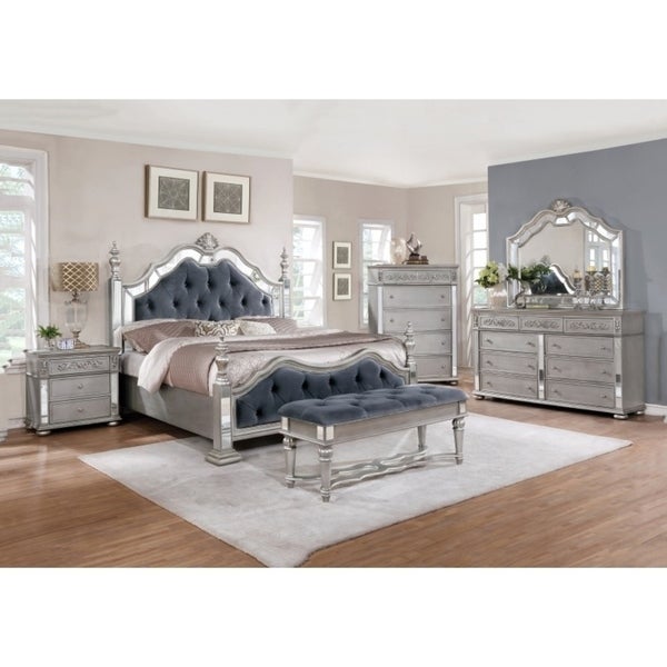 Best Quality Furniture Glam Grey 5-Piece Tufted Panel Bedroom Set - - 21906899