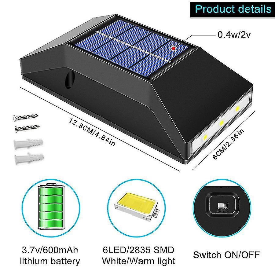 6led Solar Fence Lights， 2 Pack Solar Lights Outdoor Garden Fence， Solar Wall Lights Outdoor For Pat