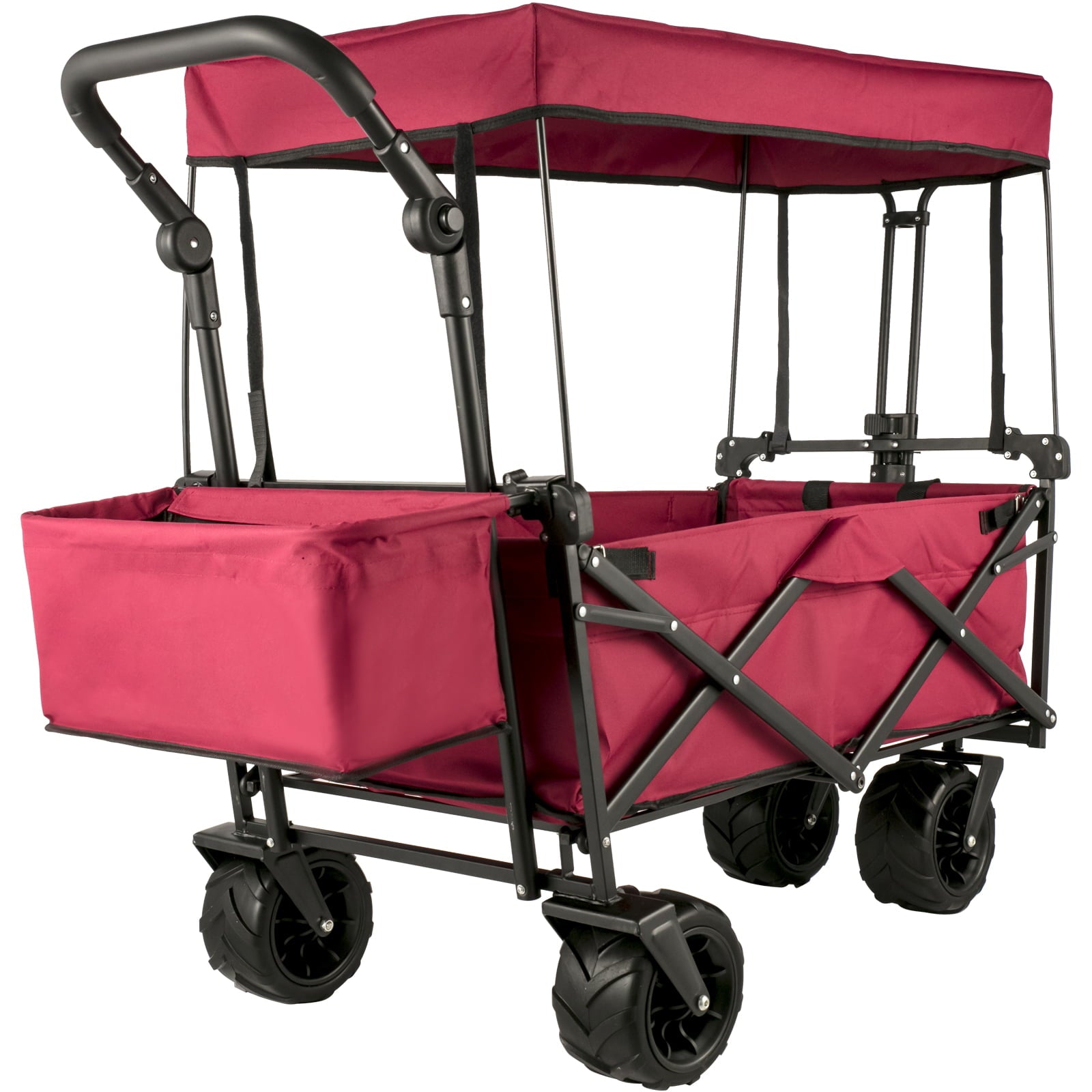 VEVORbrand Collapsible Wagon Cart Red, Foldable Wagon Cart Removable Canopy 601D Oxford Cloth, Collapsible Wagon Oversized Wheels, Portable Folding Wagon Adjustable Handles, Beach, Garden, Sports