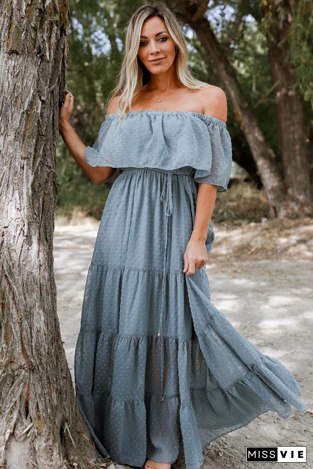 Sky Blue Off Shoulder Ruffle Swiss Dot Maxi Dress