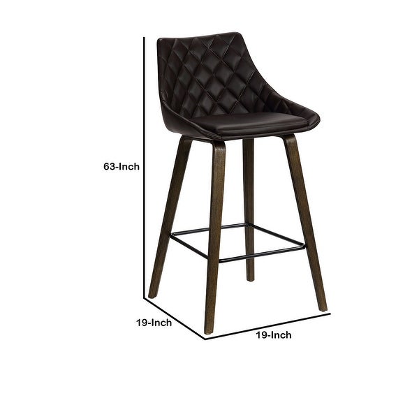 26 Inch Leatherette Diamond Tufted Wood Leg Barstool， Brown